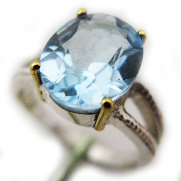 New Blue Topaz Ring Oval Cut 925 Sterling Silver 18K Yellow Gold sz 10 Glam Chic